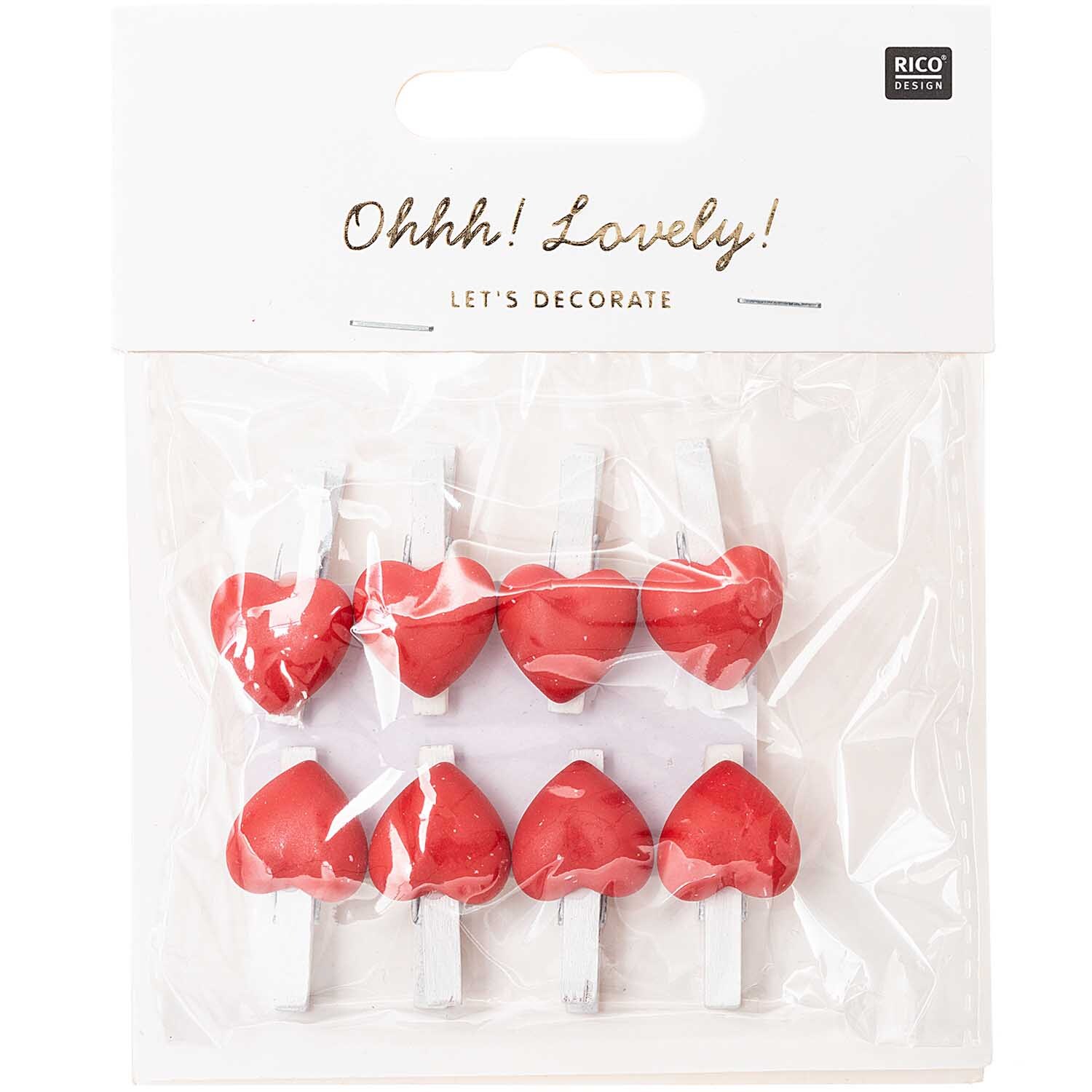 Dekoklammern Herz 8 Stück: Acht herzförmige Klammern in Weiß-Rot von Rico Design, ideal zum Dekorieren.