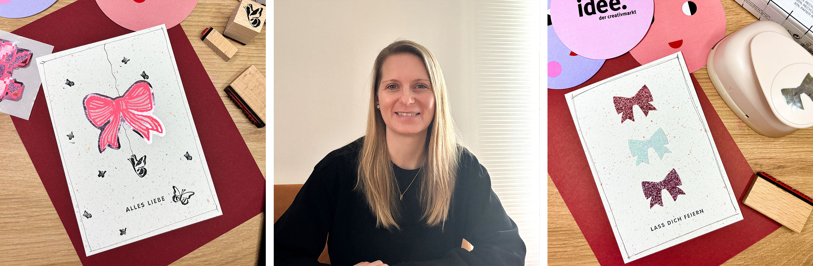 Drei quadratische Bilder aneinandergereiht. Eine Karte mit Schleifen-Design, eine lächelnde Frau, eine Karte mit drei Schleifen.