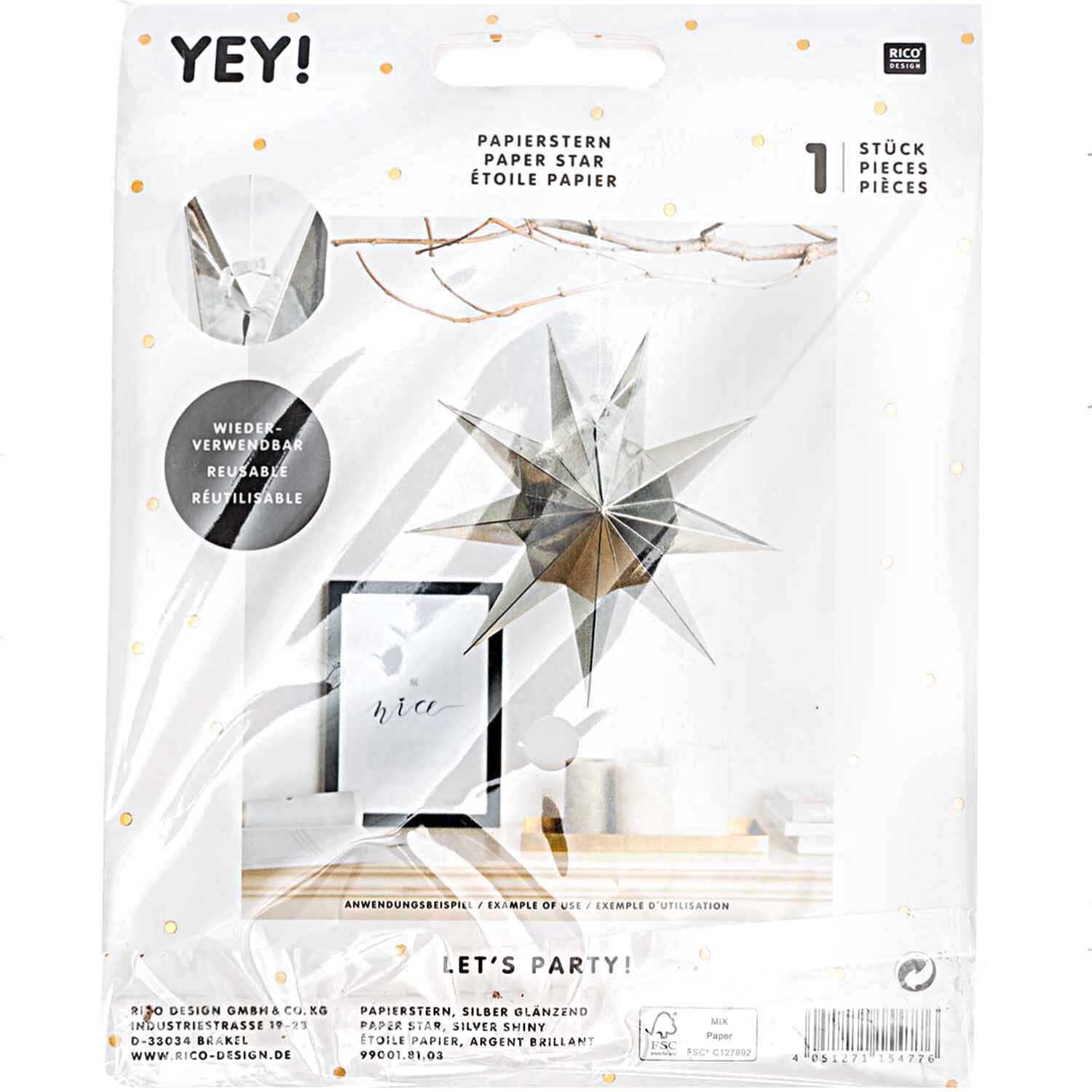 Papierstern auffaltbar 28cm in Silber Glänzend von Rico Design, dekorativ in modernem Interieur.