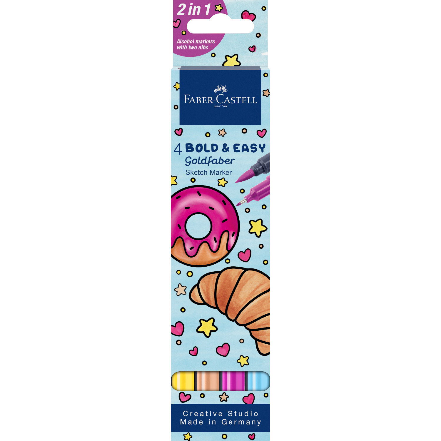 Goldfaber Sketch Marker Bold Easy Set II, 4 Stück, Faber Castell. Bunte Verpackung mit Donut- und Croissant-Illustrationen.