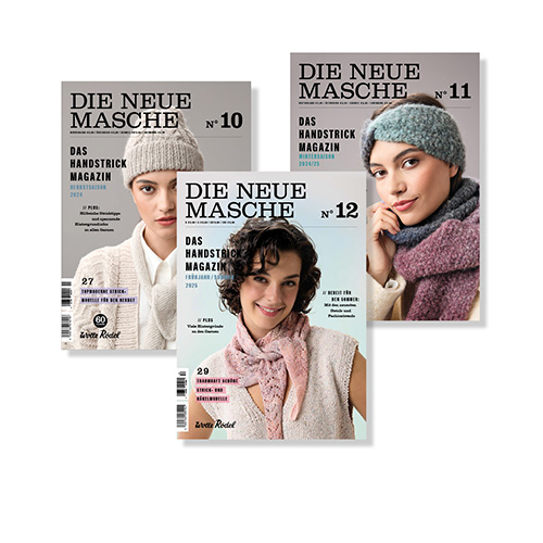 Die Neue Masche Nr. 10, 11 und 12 leicht übereinander platziert. Flatlay von Produkten.