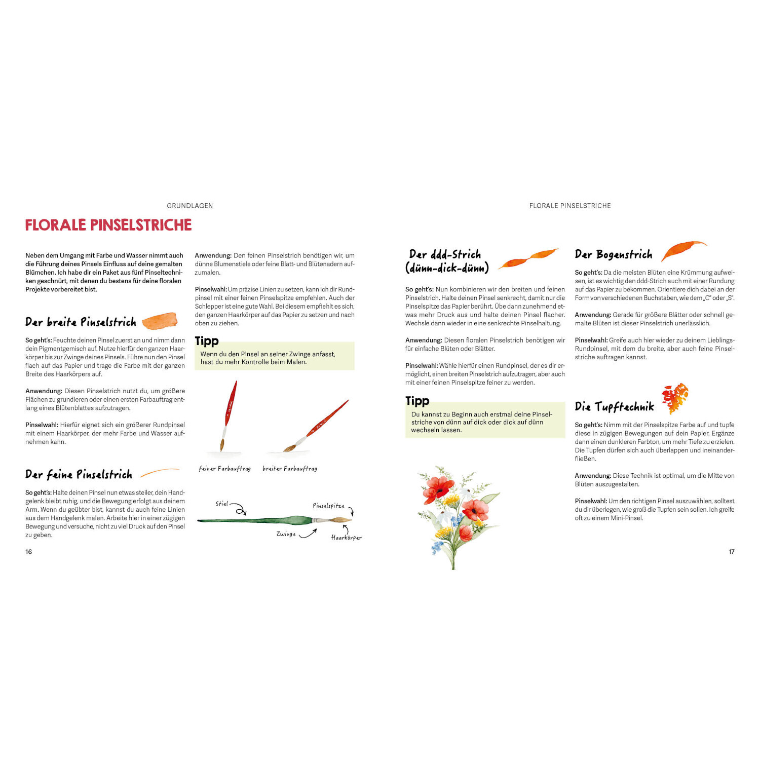 Mini Watercolor - Blumen: Doppelseite mit Anleitungen zu floralen Pinselstrichen, illustriert mit bunten Blumenmotiven.