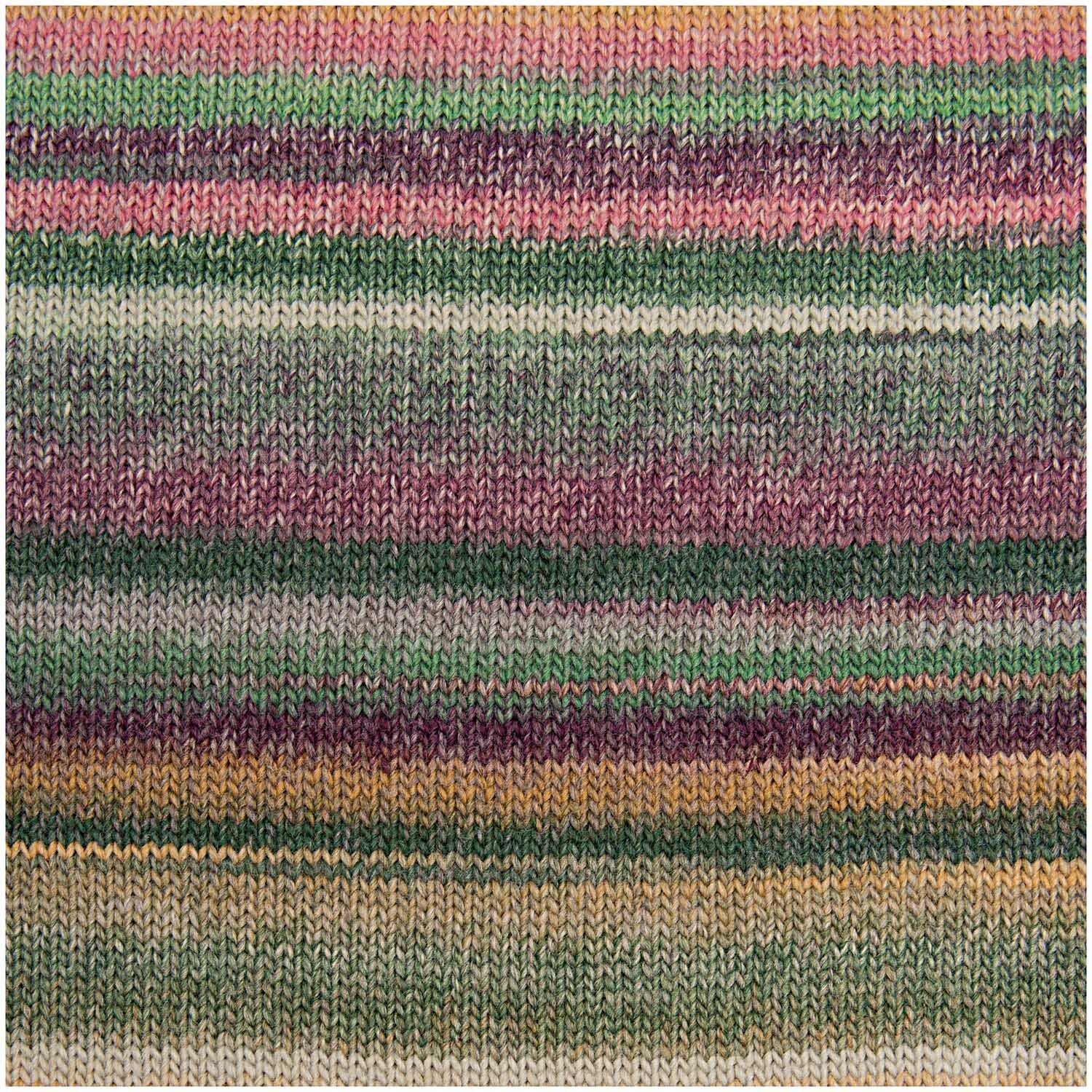 Rigato: Mehrfarbiges Strickgarn in Lila-Grün von Wolle Rödel, ideal für kreative Strickprojekte.