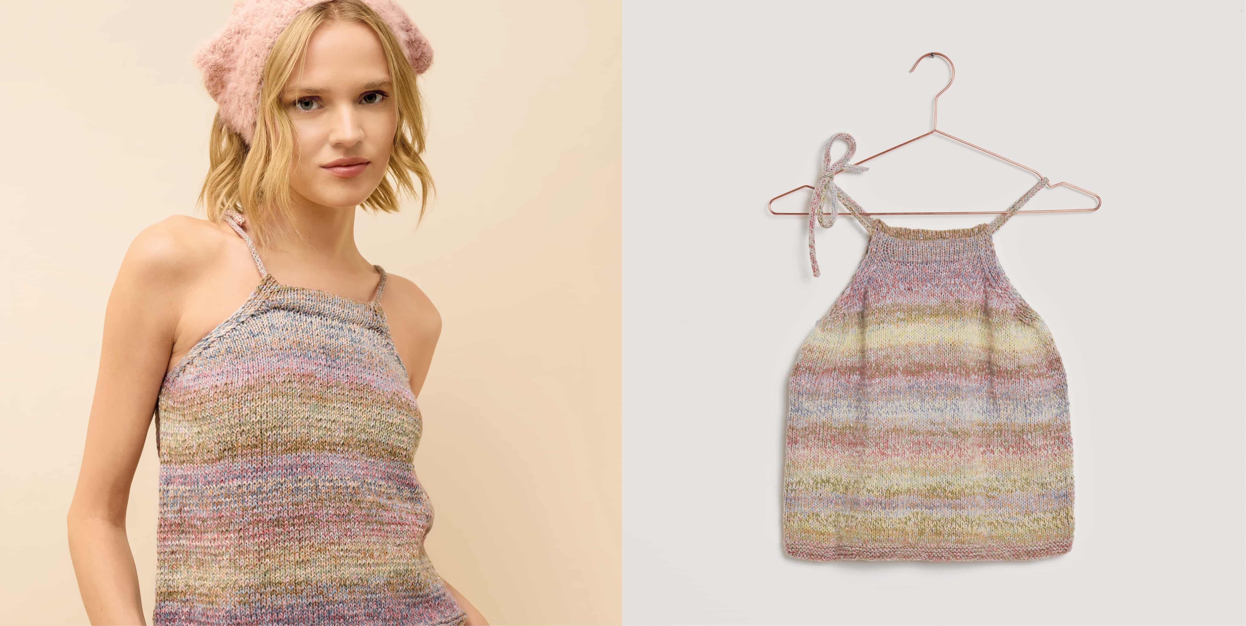 Gestricktes Top Modell 04 aus Made by Me No. 22 getragen an weiblichem Model und auf einem Bügel.