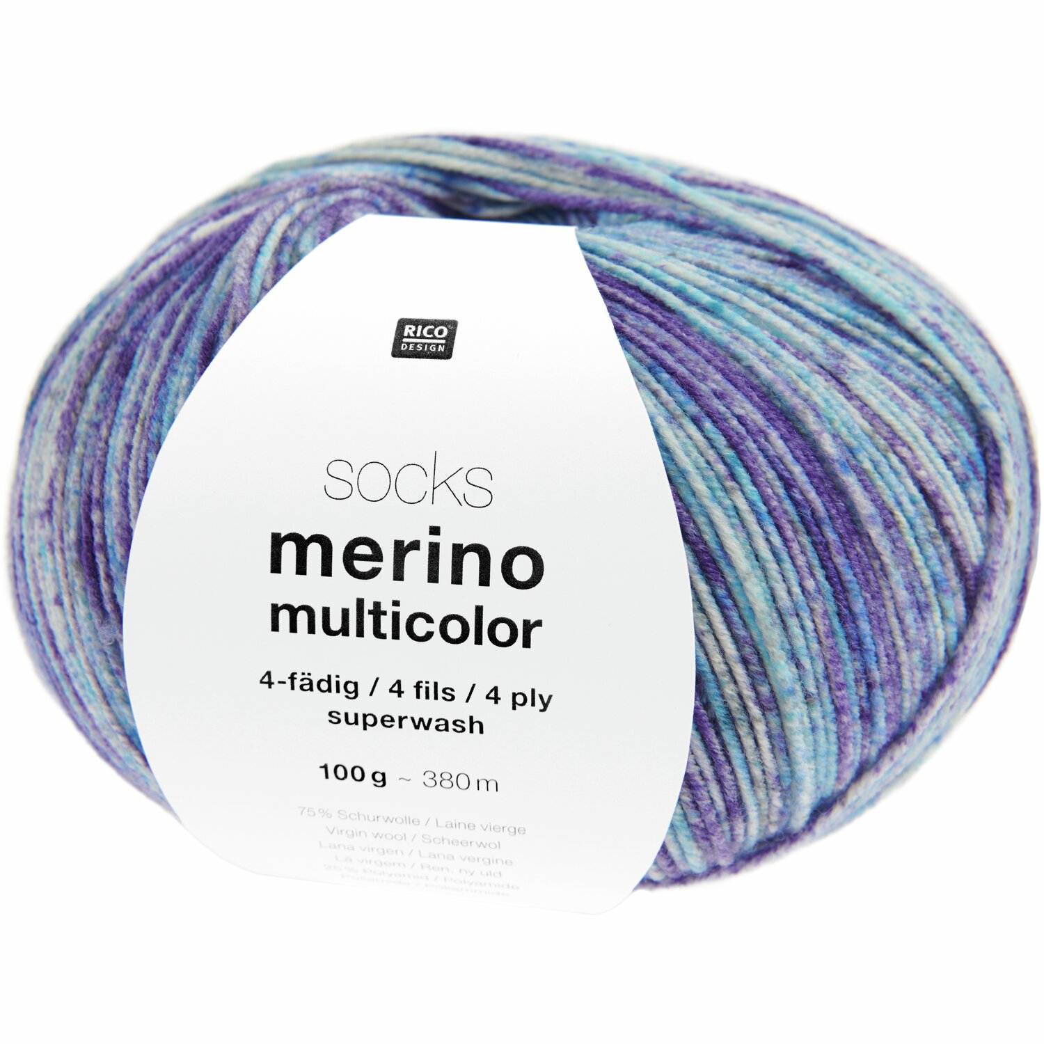 Socks Merino Multicolor 4-fädig 100g 380m Farbe Skies von Rico Design Socks Merino Multicolor 4-fädig Wolle von Rico Design in Blau- und Lilatönen, 100g, 380m. Ideal für Strickprojekte mit weicher Textur.