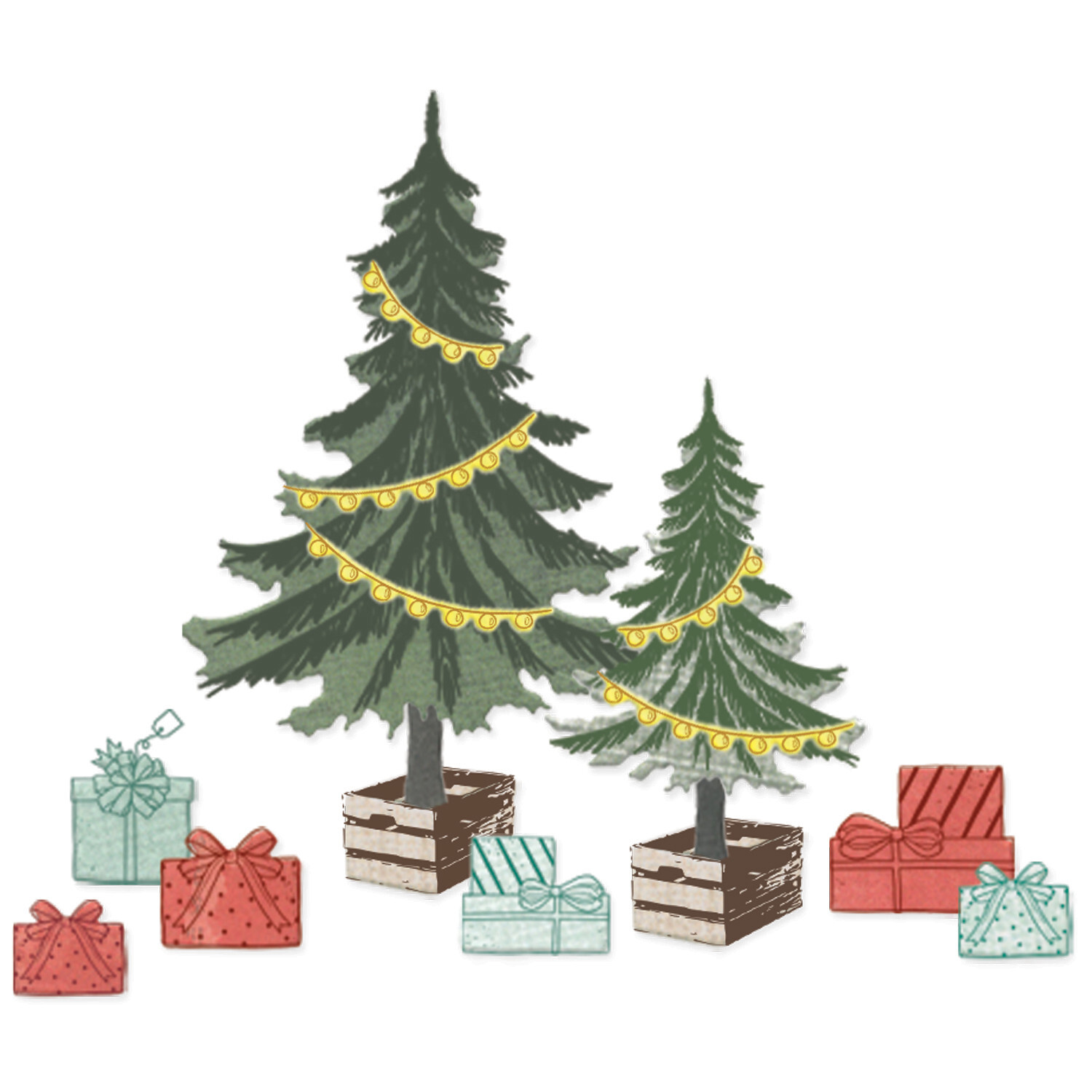 Clear Stamps / Framelits Trees and Trinkets, 32-teilig: Zwei geschmückte Tannenbäume mit bunten Geschenken in Rot und Blau.