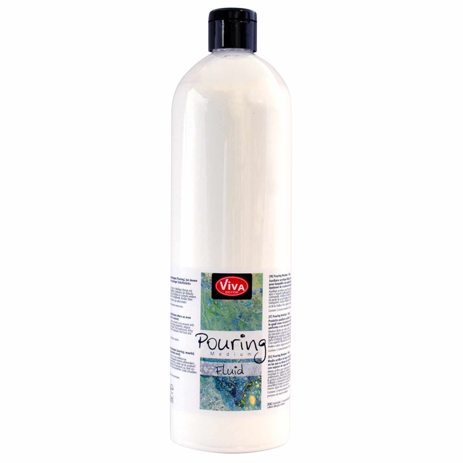 Pouring Medium Fluid Gießmedium von Viva Decor in einer großen, weißen Flasche mit schwarzem Deckel.