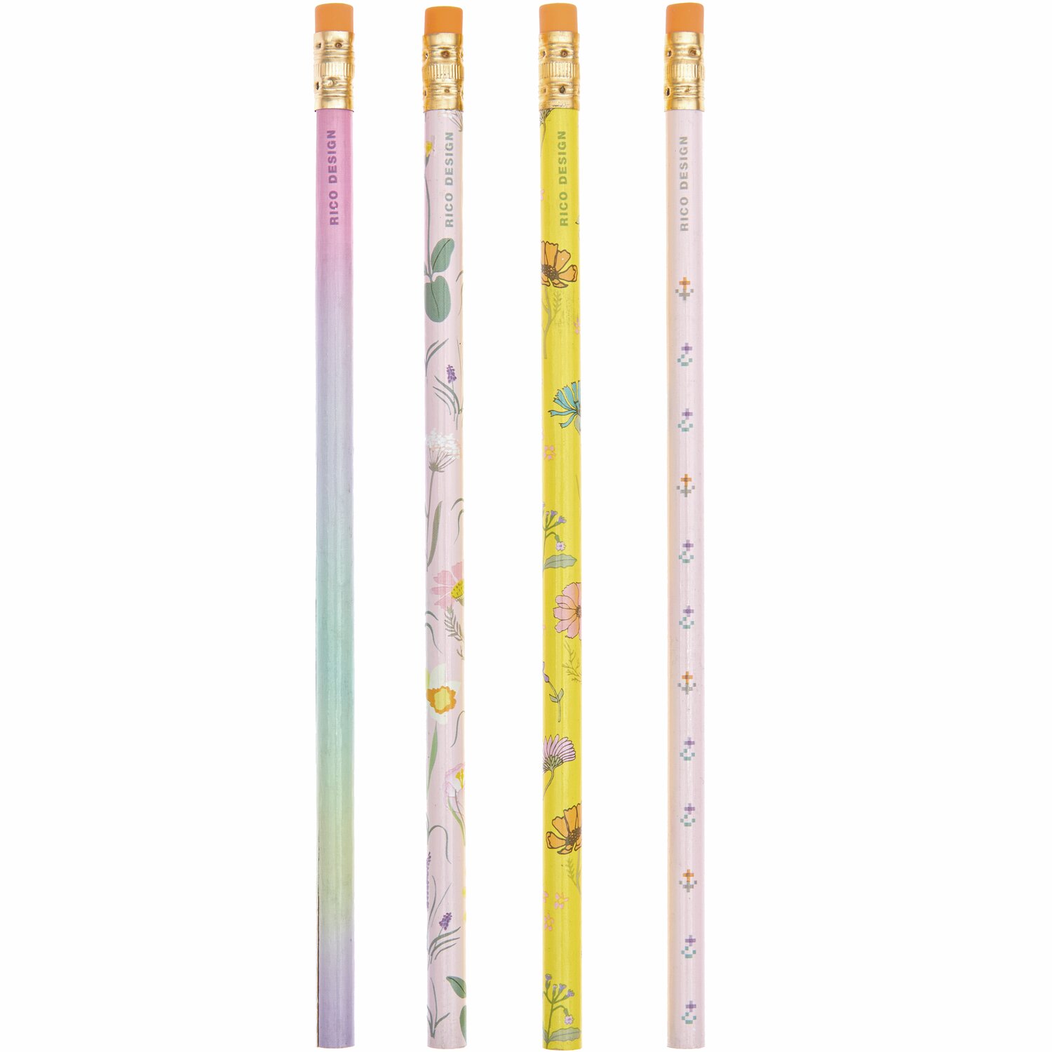 Paper Poetry Bleistift-Set Futschikato Blumen, 4 Stück, bunte Designs mit Blumenmustern und Radiergummi, ideal für kreative Projekte.