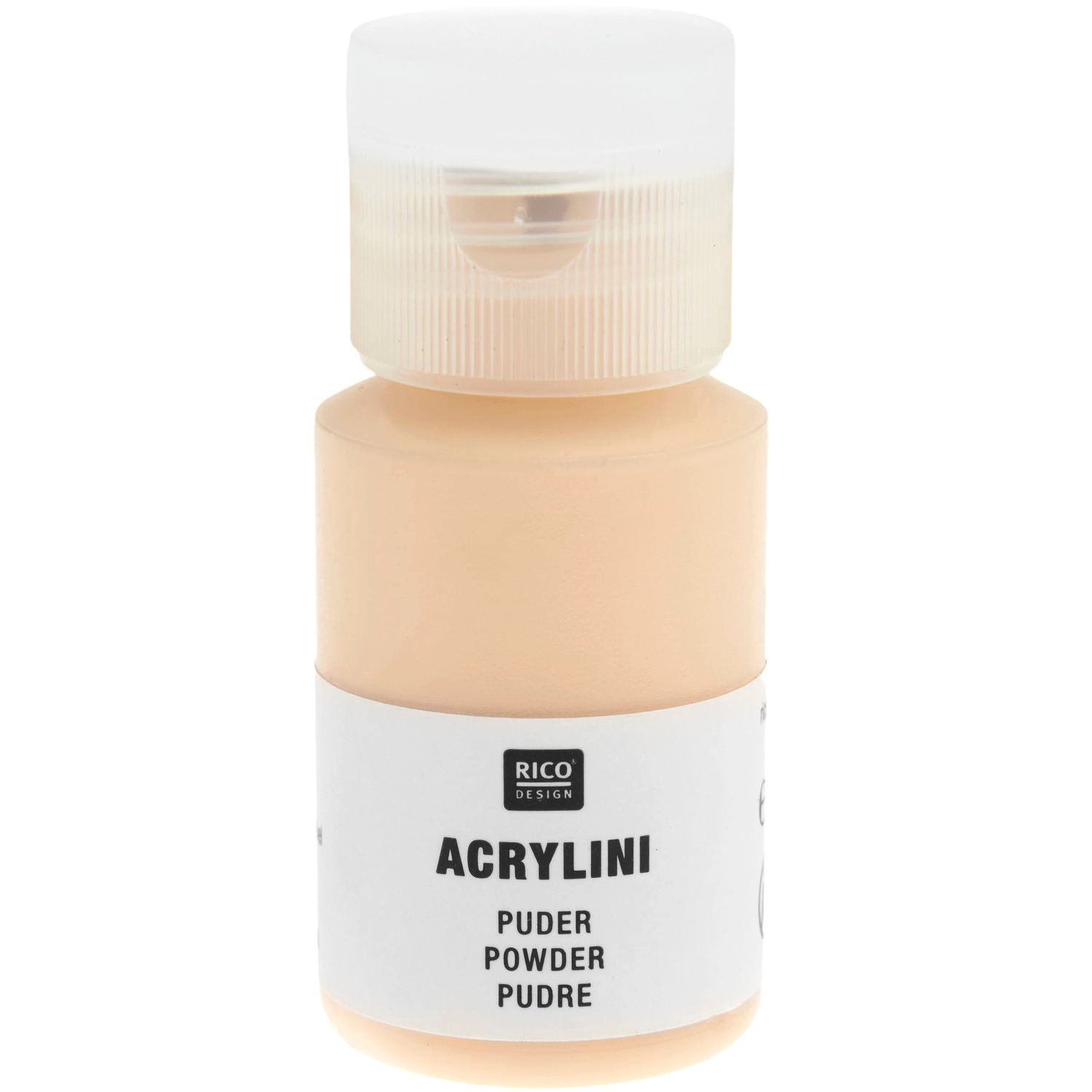 Acrylini Acrylfarbe in Puder, 22ml von Rico Design. Die Flasche zeigt die cremige Farbe und das klare Etikett.