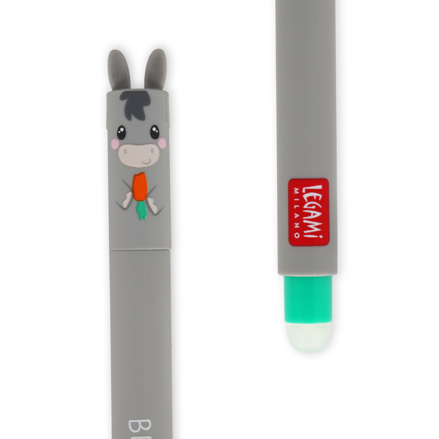 Erasable Gel Pen Set Farm Sweet Farm, grauer Stift mit Eselmotiv und Legami-Logo, 4-teilig.