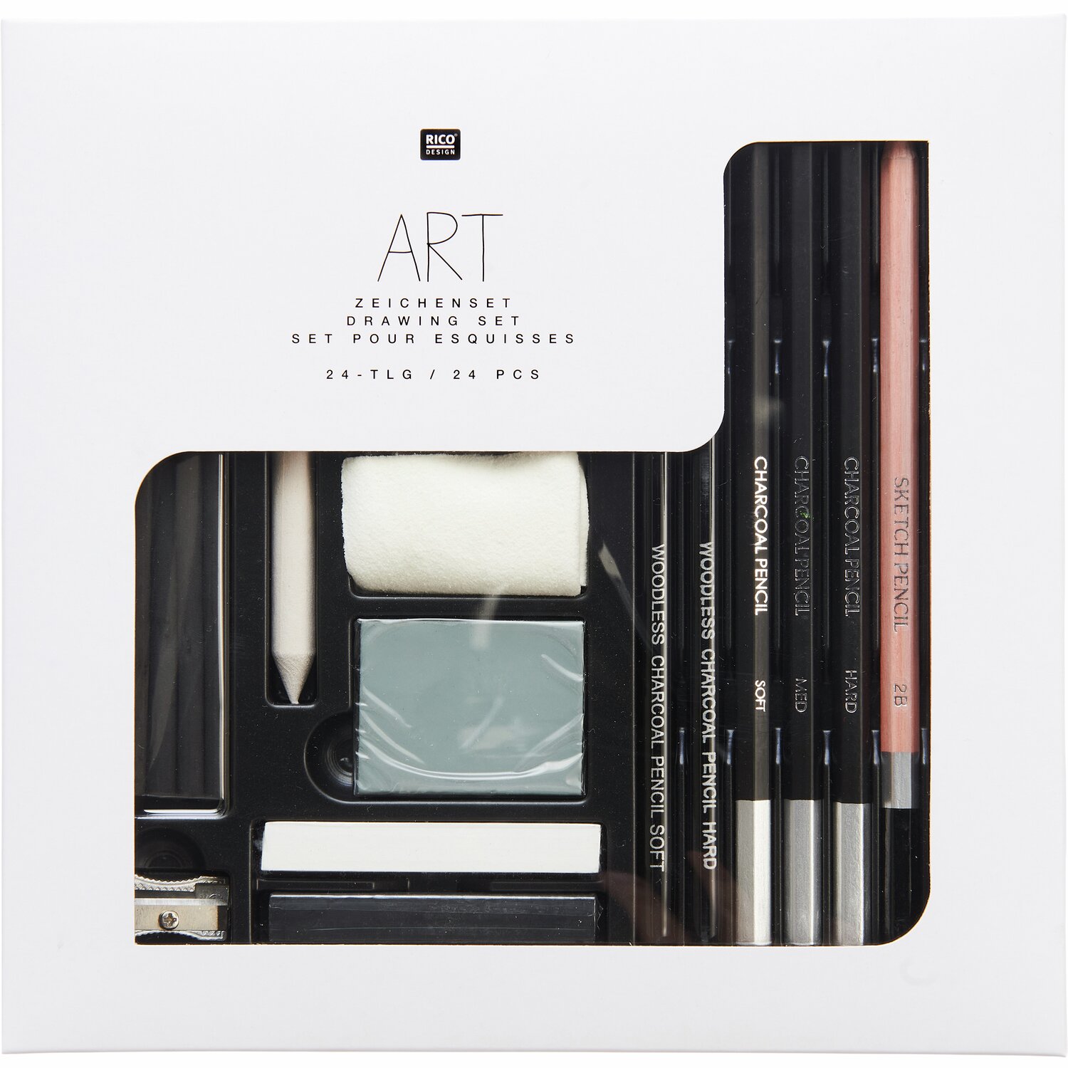 Zeichenset von Rico Design, 24-teilig, enthält diverse Stifte und Zubehör in einer weißen Verpackung. Ideal für kreative Projekte.