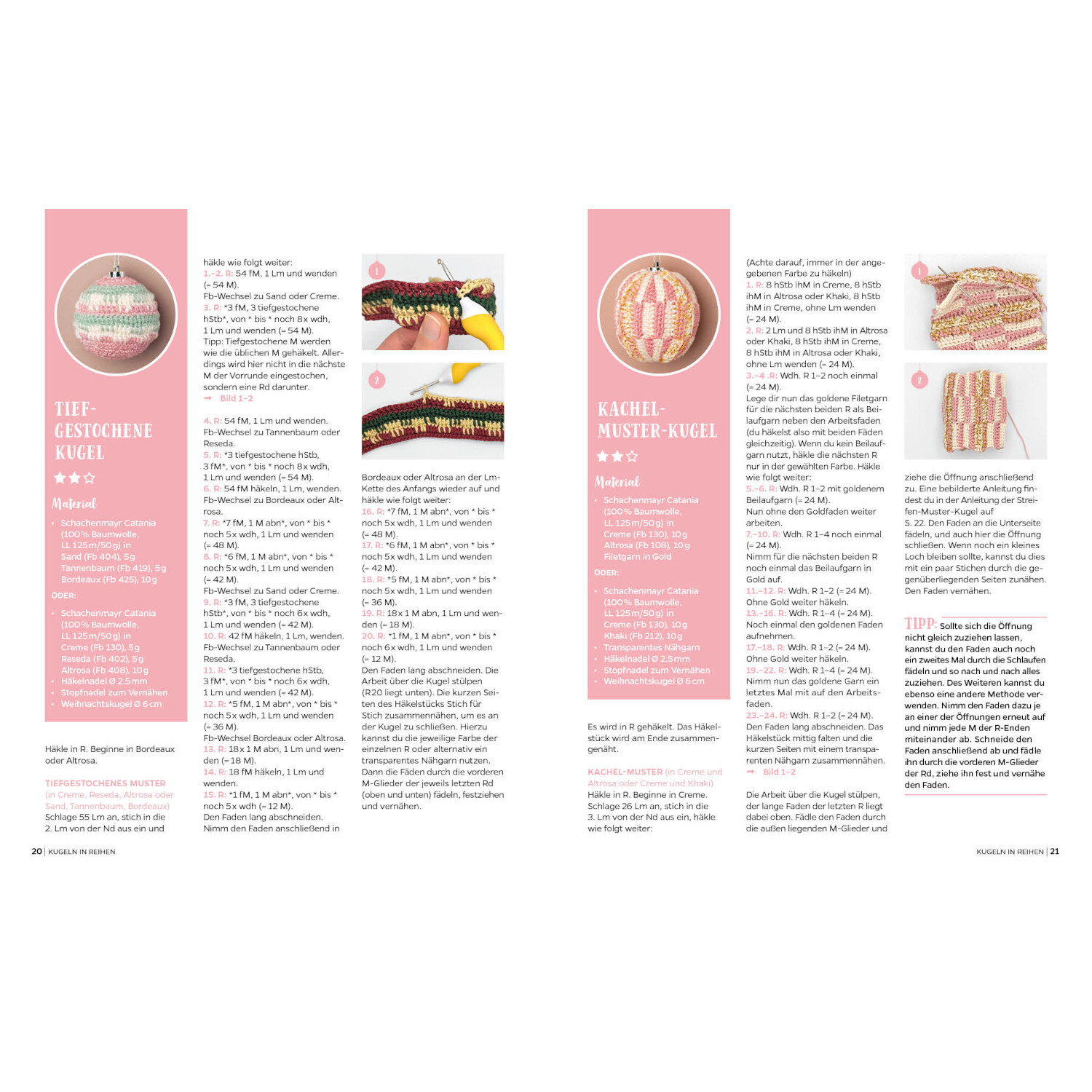 Weihnachtskugeln häkeln: Anleitung auf rosa Hintergrund mit Bildern von gehäkelten Kugeln. Marke EMF.