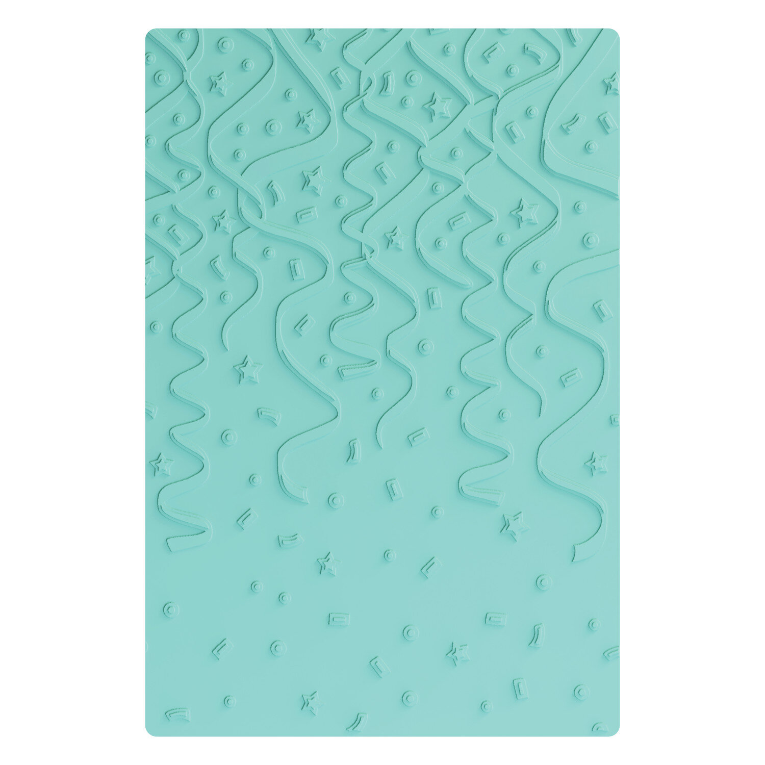 Sizzix Embossing Folder Party Time zeigt eine rechteckige Prägeschablone mit Relief aus geschwungenen Bändern, Konfetti und Sternmotiven für festliche Papiergestaltung