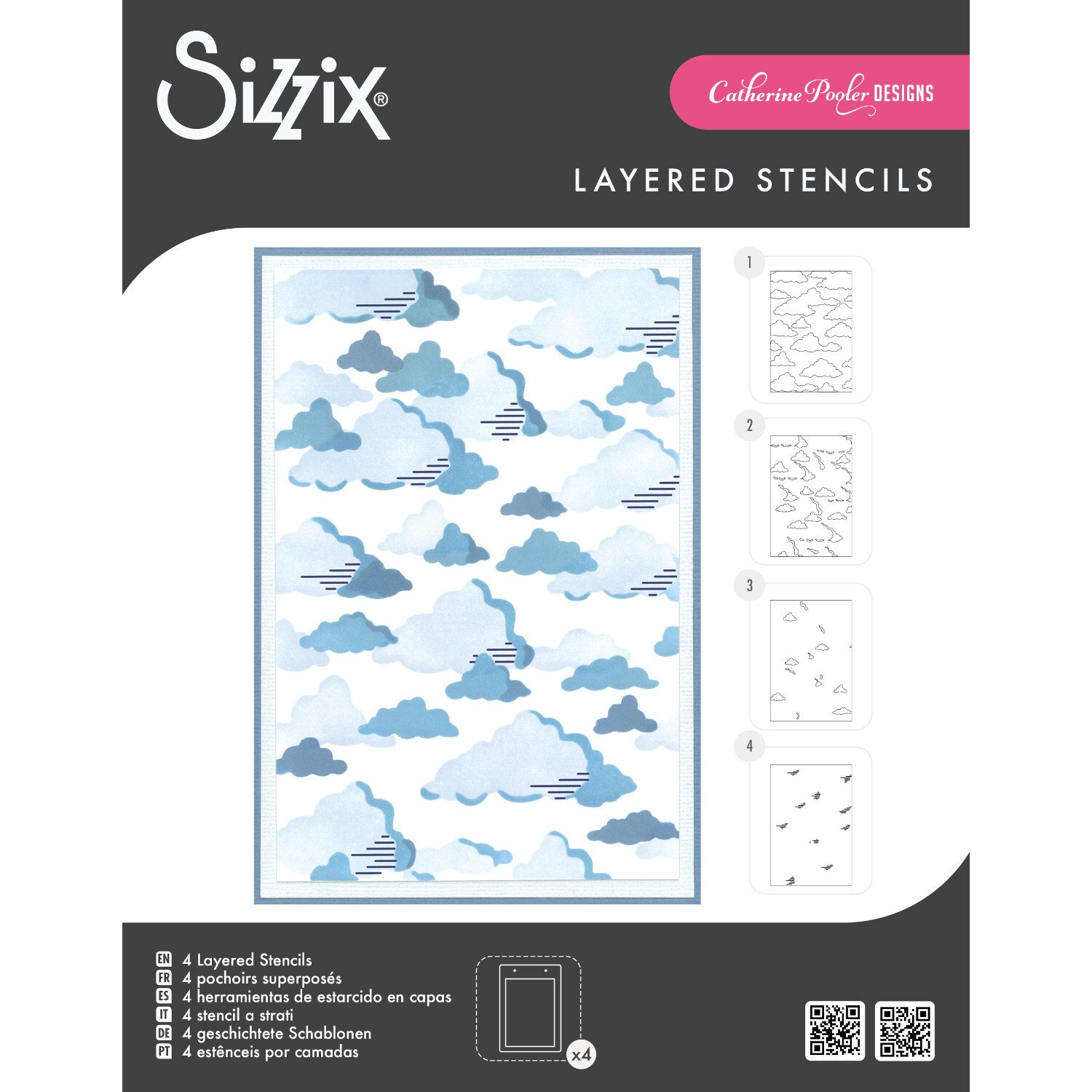Layered Stencils in the Clouds 4 Stück von Sizzix, A6, mit blauen Wolkenmotiven auf weißem Hintergrund.