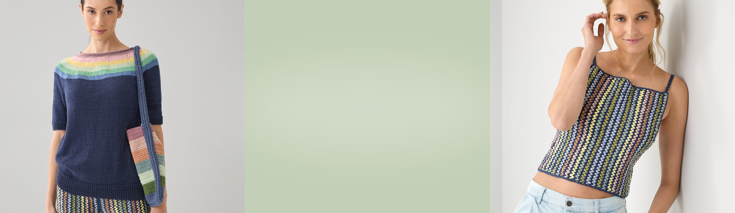 Eine Frau trägt ein gestricktes Top-Down-Shirt, daneben ein Farbausschnitt in Grün und daneben eine Frau mit einem bunten, gehäkelten Top.