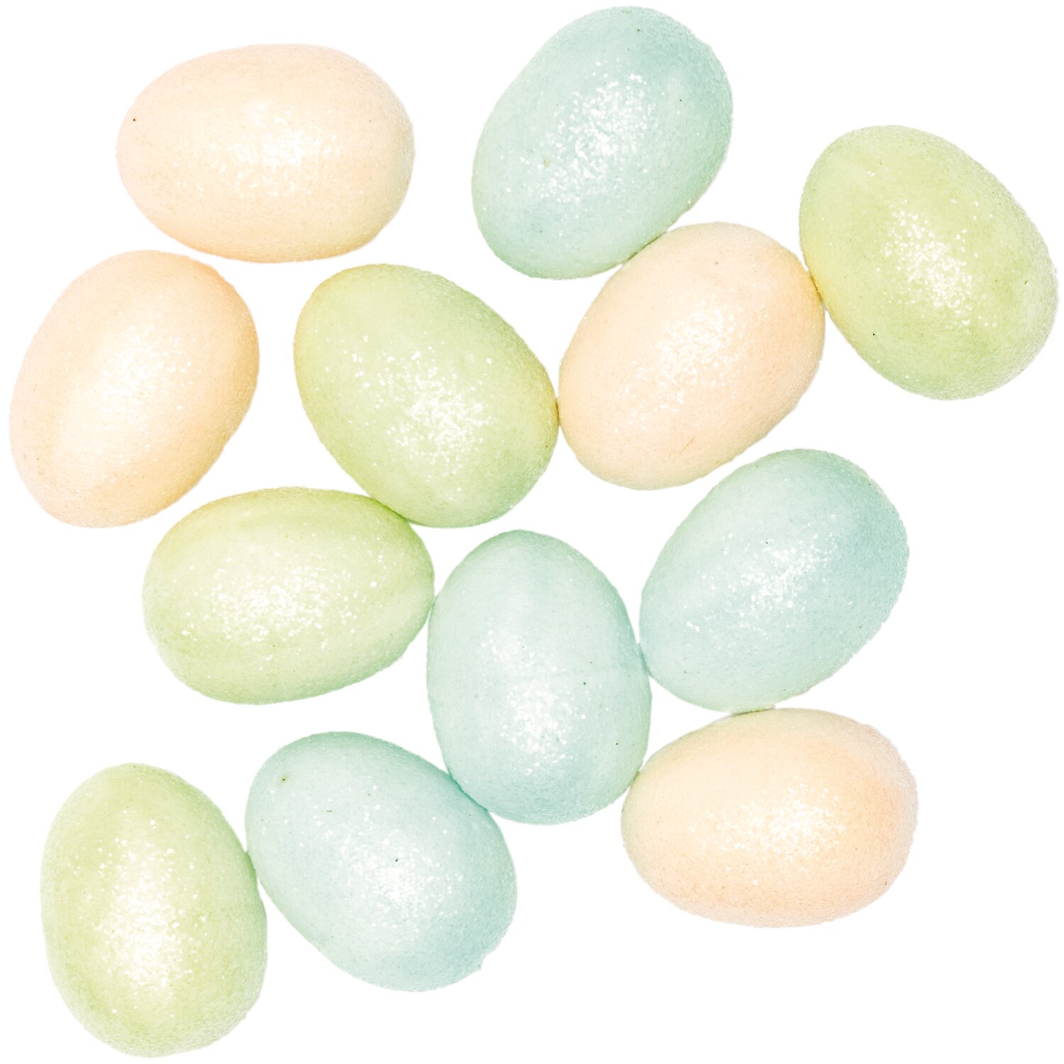 Glitter-Eier pastell 5cm 12 Stück: Mehrfarbige, glitzernde Deko-Eier in sanften Pastelltönen.