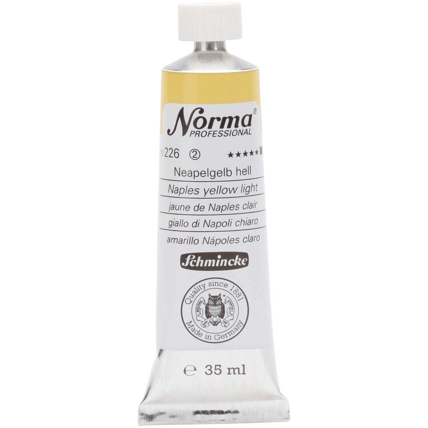 Norma 35ml: Eine Tube Schmincke Künstlerfarbe in Neapelgelb Hell, ideal für kreative Malprojekte.