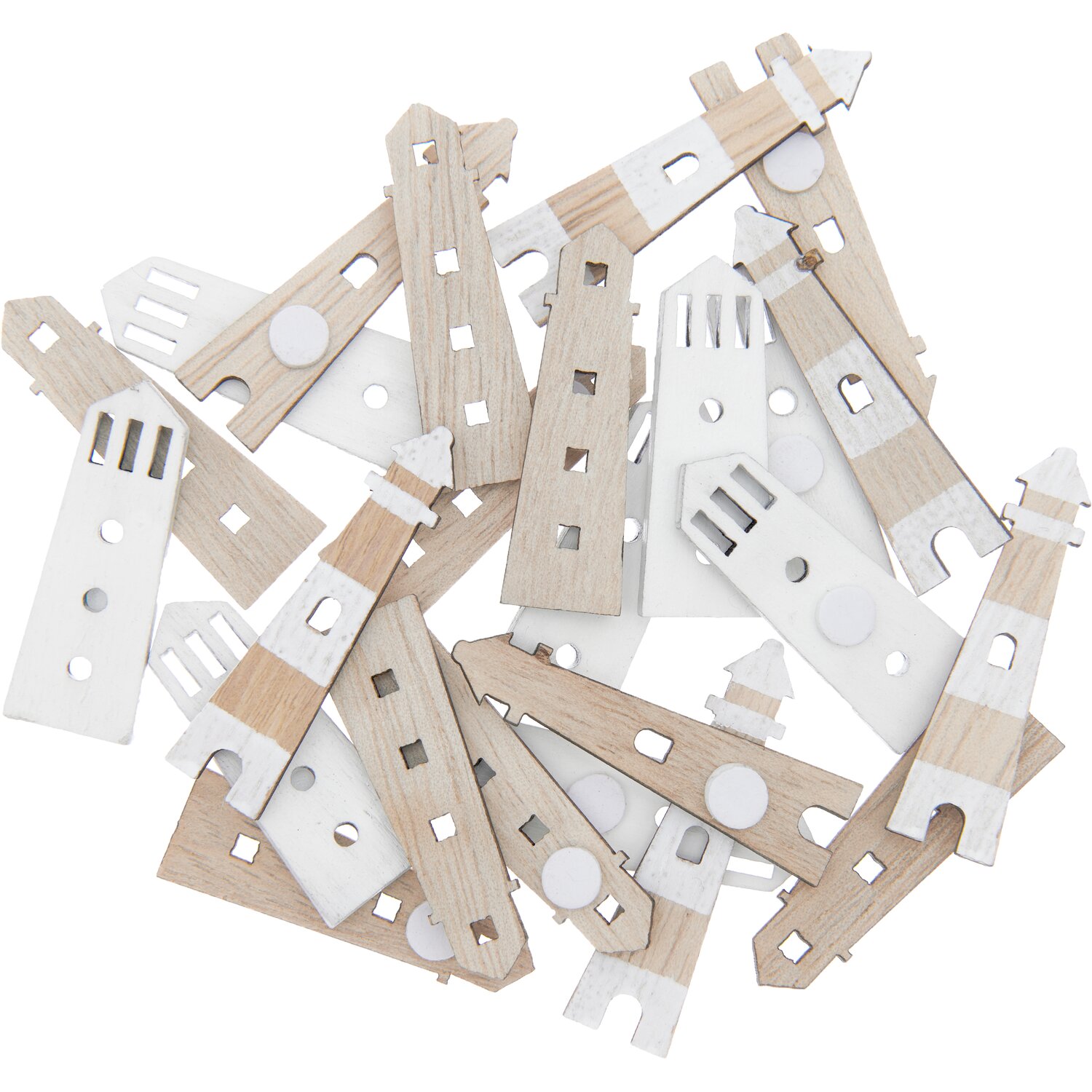 Holzsticker Leuchtturm Mix natur 24 Stück, dekorative Leuchtturmformen in Weiß und Naturtönen, ideal für kreative Bastelprojekte.