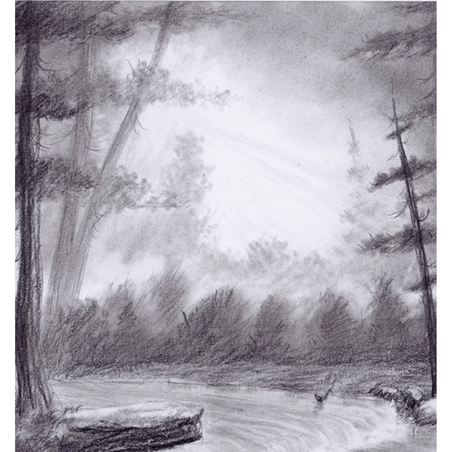 Ganz einfach zeichnen: Schwarz-weiß Skizze eines Waldes mit Fluss, ideal für Anfänger.