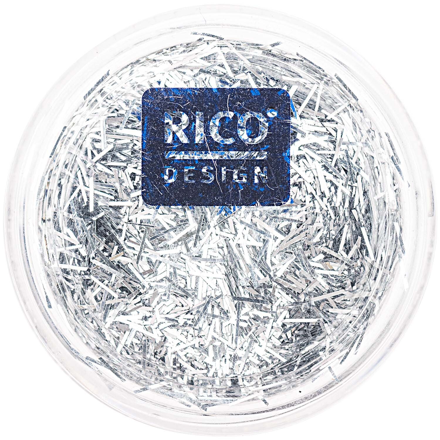 Stäbchen Glitter 4g in Silber von Rico Design in einer transparenten Dose, ideal für kreative Projekte.