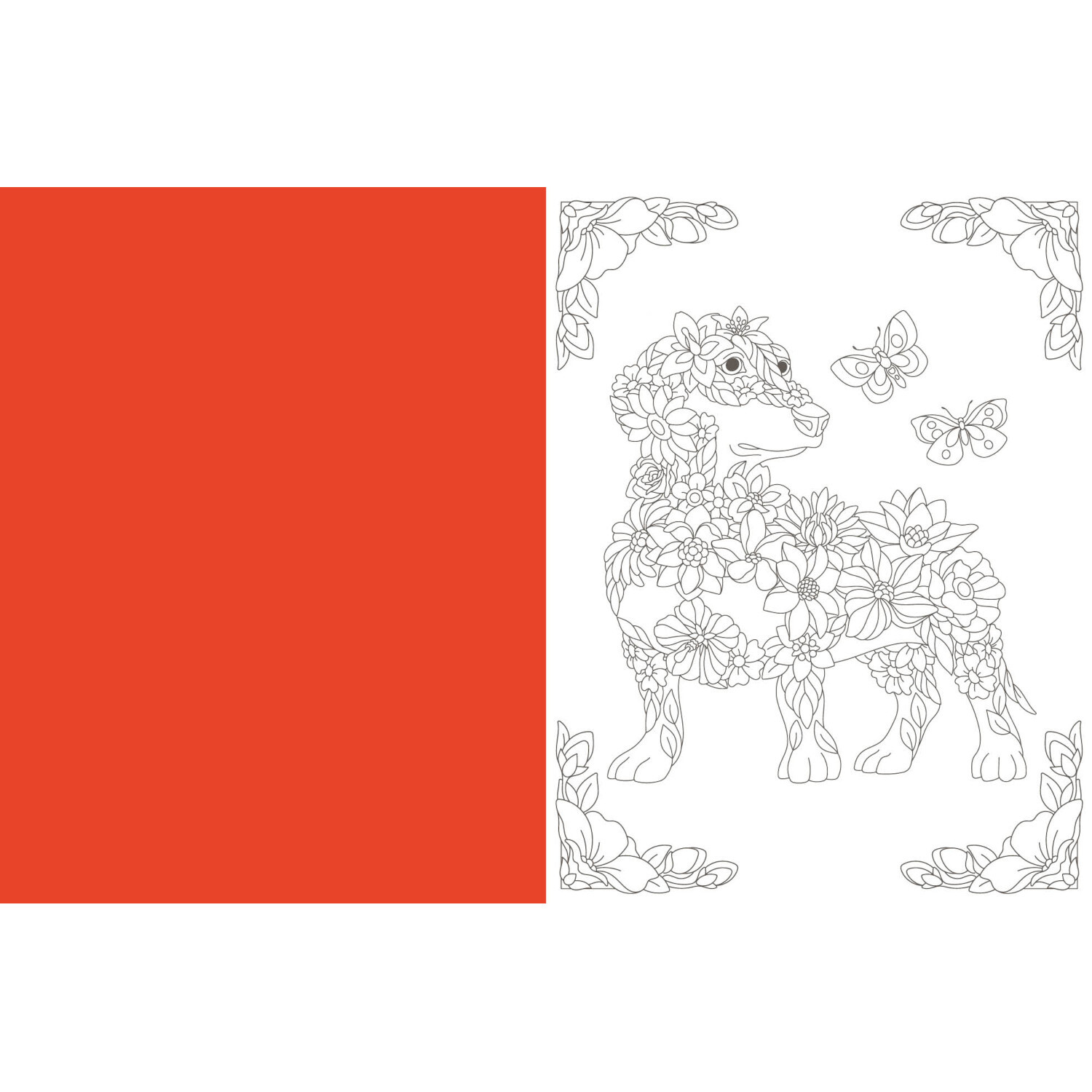 Colorful Mandala - Dankbarkeit: Ausmalbild mit Hund und Schmetterlingen, umgeben von Blumen. Links kräftiges Rot.