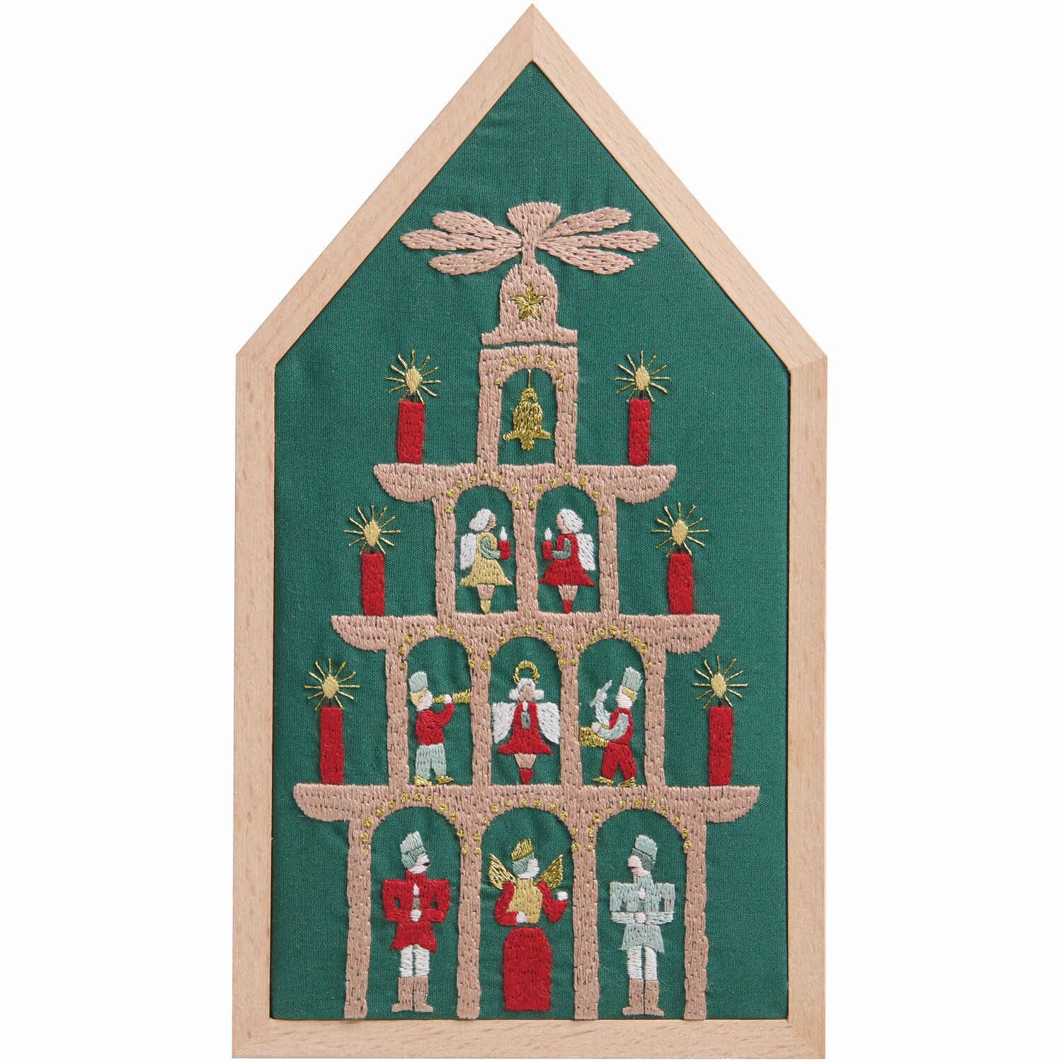 Stickpackung Pyramide vorgezeichnet Stickpackung Pyramide vorgezeichnet: Weihnachtliche Szene auf grünem Stoff mit Figuren und Kerzen, 12,5x22,5cm, von Rico Design.