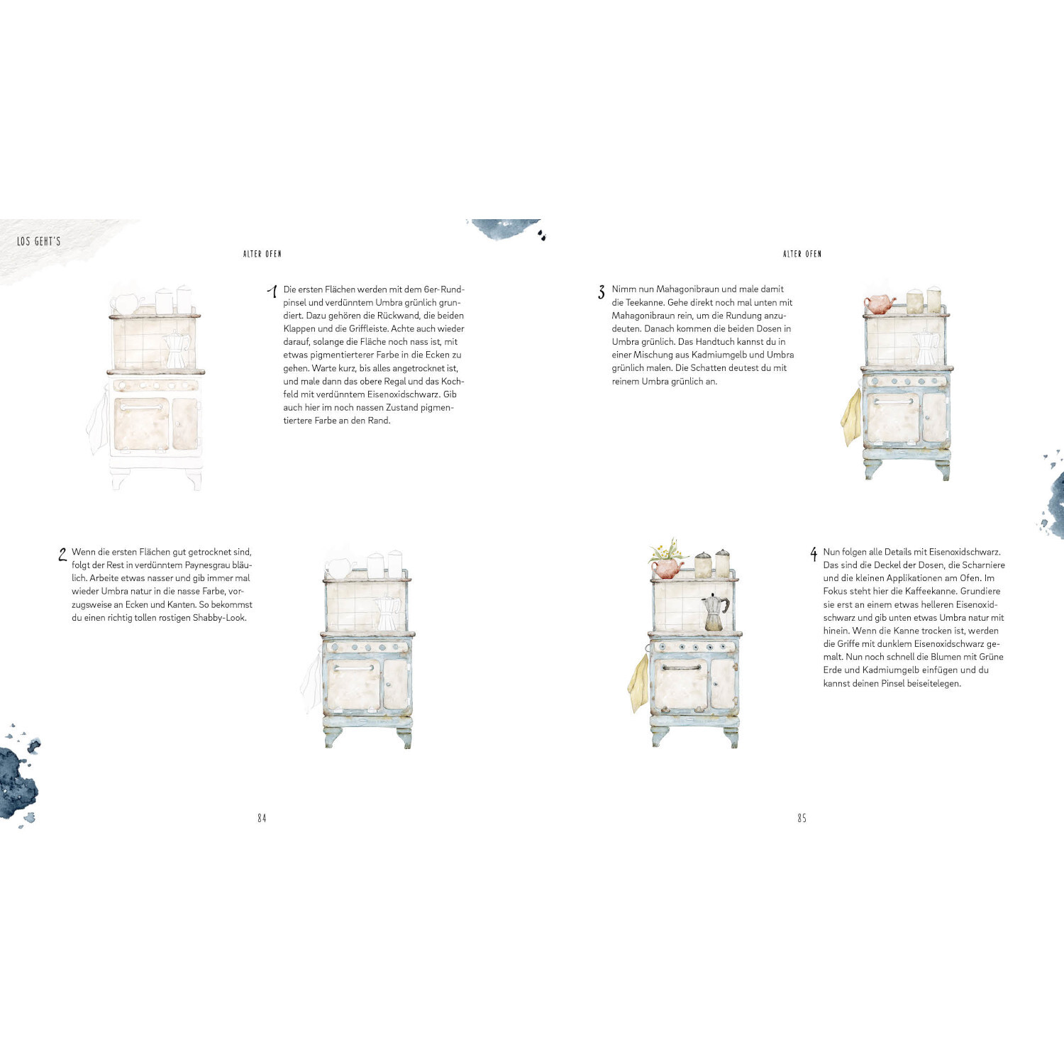Welcome Home - Watercolor: Zwei Seiten mit Text und Illustrationen von Vintage-Möbeln in sanften Farben.