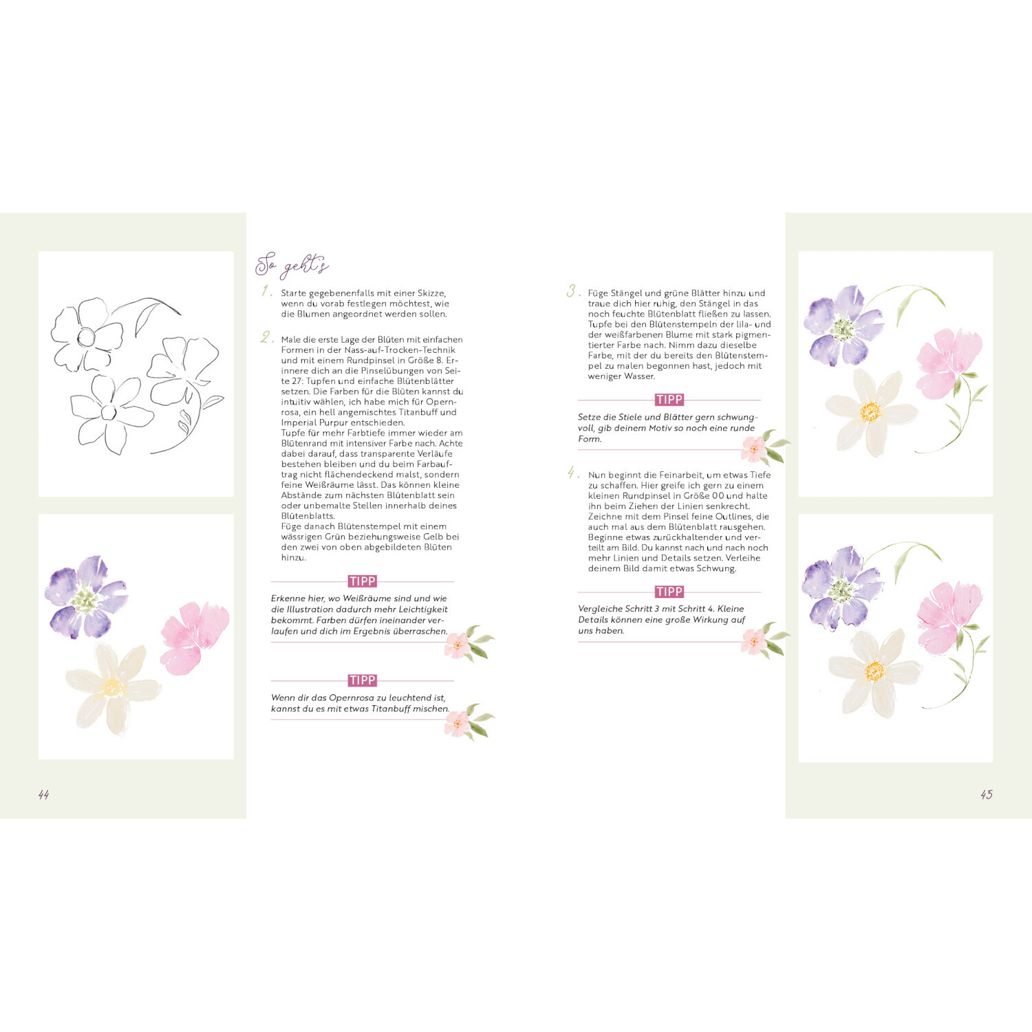 Selfcare Watercolor – Kreative Momente für mich: Doppelseite mit floralen Aquarellmotiven in Pastellfarben, Anleitungstexten und Illustrationen.