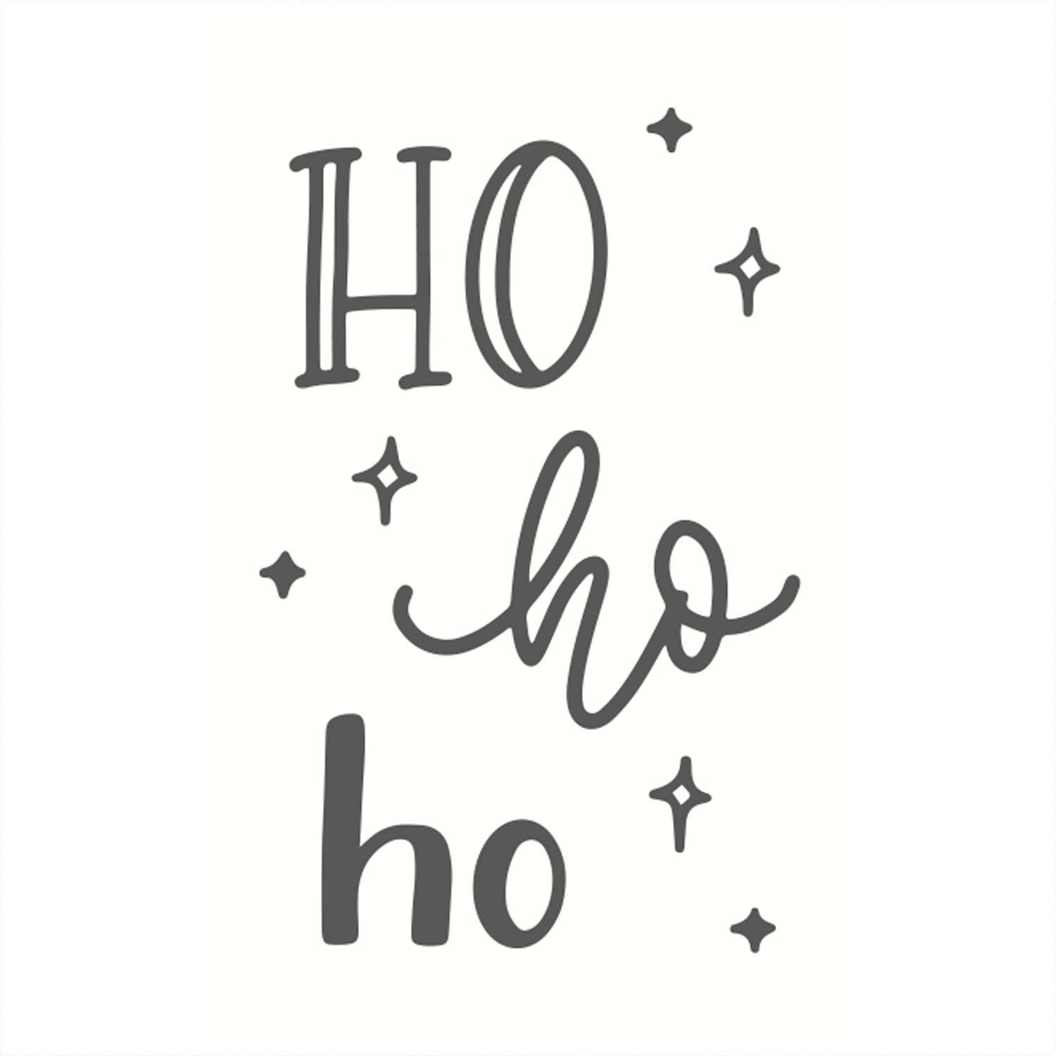 Stempel von May&Berry in Weiß mit dem Text "Ho ho ho" und kleinen Sternen. Produkt Vorderansicht, ideal für kreative Projekte. Maße: 35x55mm. Perfekt für festliche Bastelarbeiten.