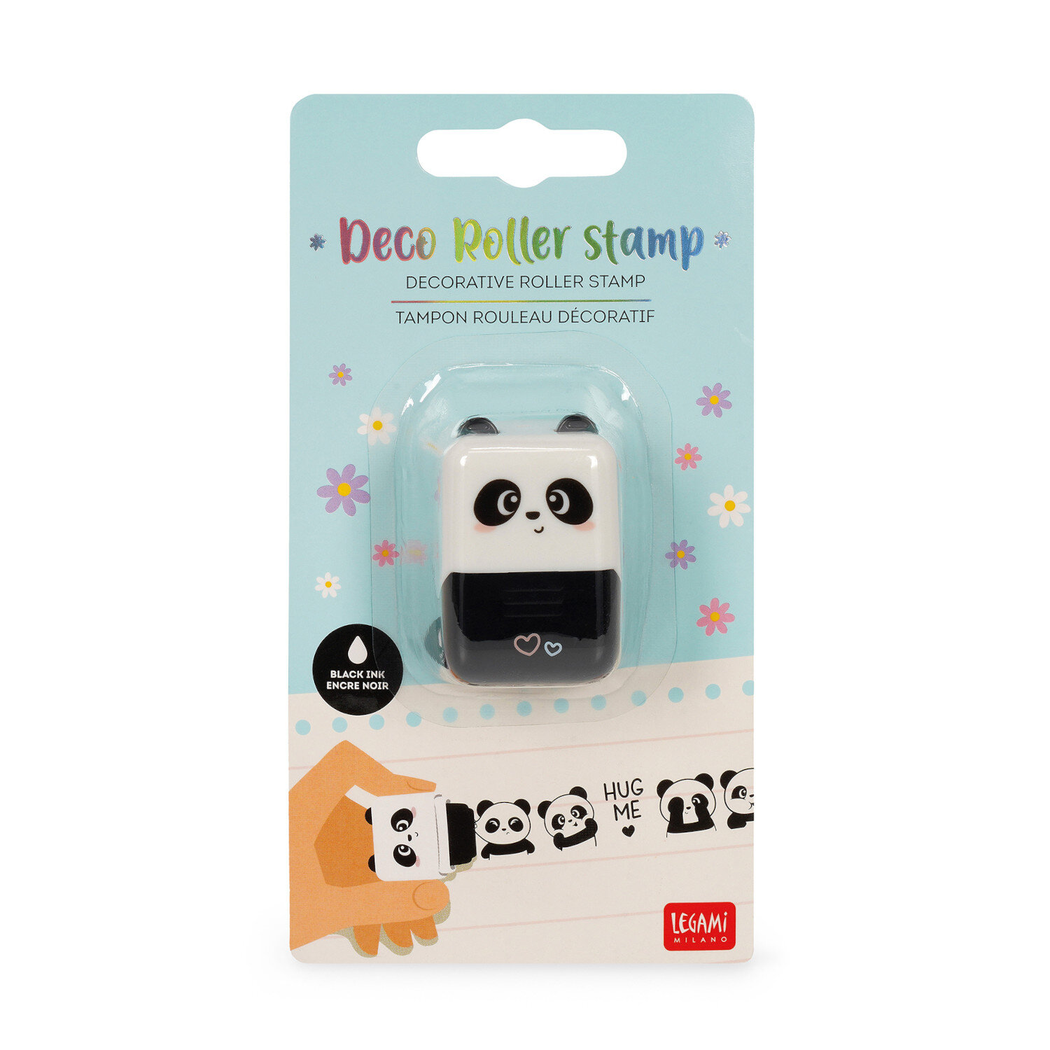 Deco Roller Stempel zeigt einen dekorativen Roller-Stempel von Legami im Panda-Design, verpackt auf hellblauer Karte mit Beispielmotivreihe
