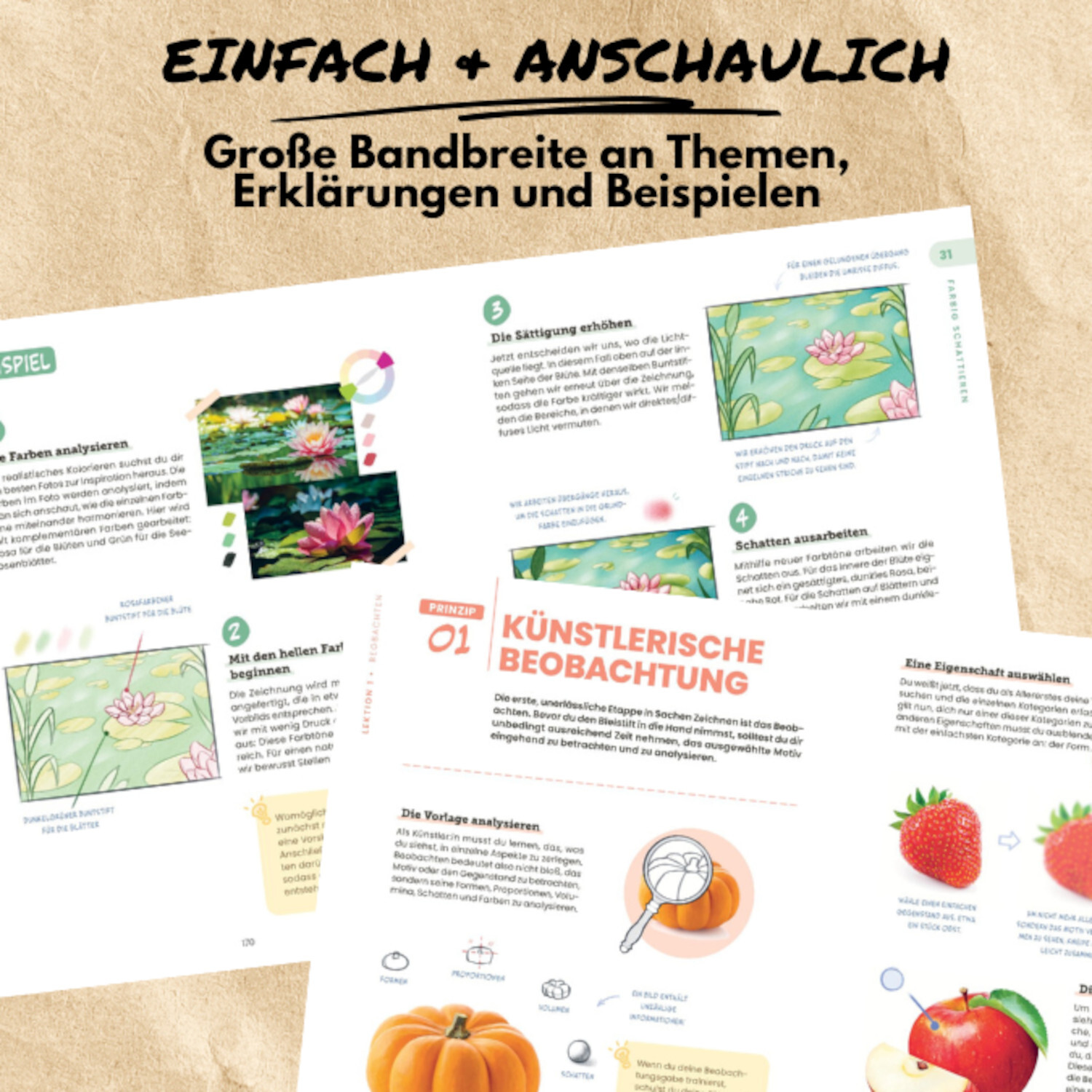 Ran an die Stifte! Verschiedene Seiten mit Illustrationen und Texten, die kreative Techniken zeigen.