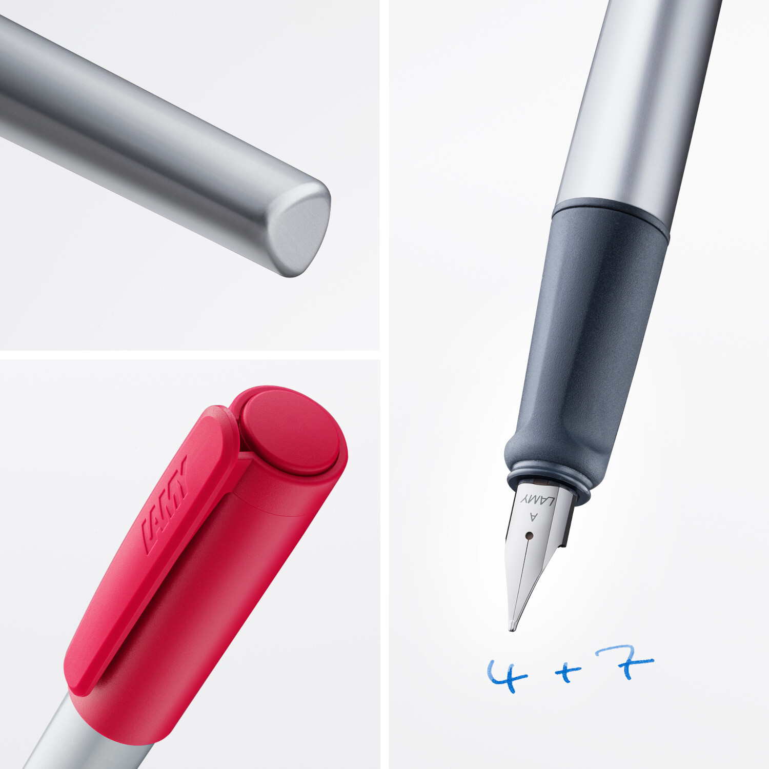 Füllhalter nexx Feder A Farbe Crimson von C. Josef Lamy Füllhalter nexx mit grauem Schaft und roter Kappe, Lamy, Feder A, schreibt in Blau.