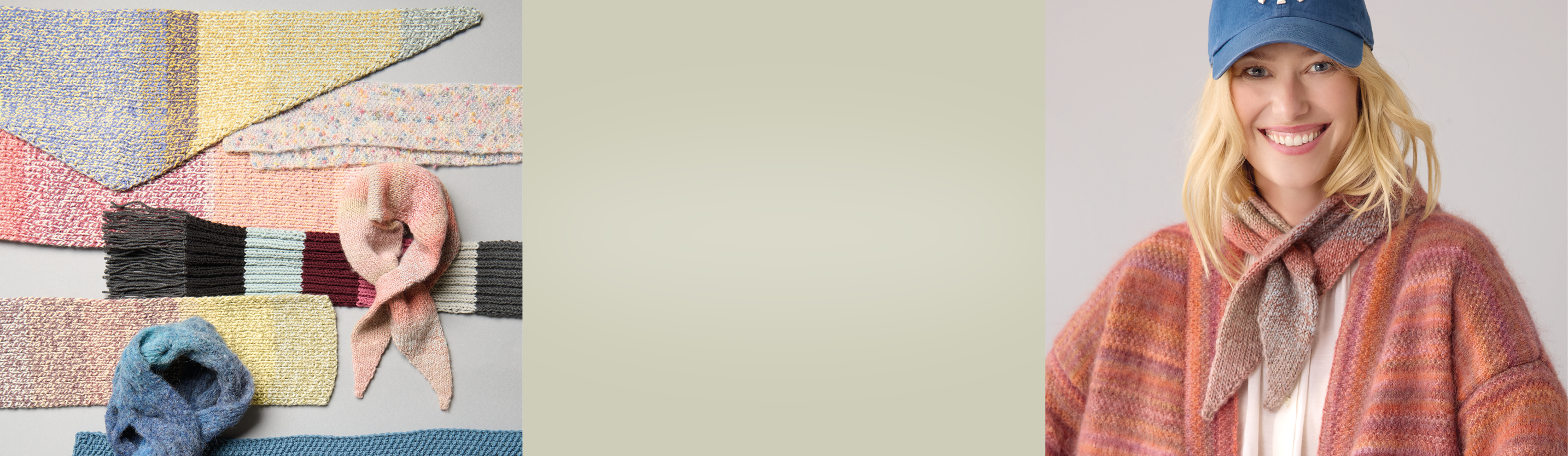 Verschiedenen gestrickte Schals und Tücher ausgebreitet, daneben ein grünlicher Farbausschnitt und daneben eine Frau mit einem gestrickten Cardigan und Halstuch.