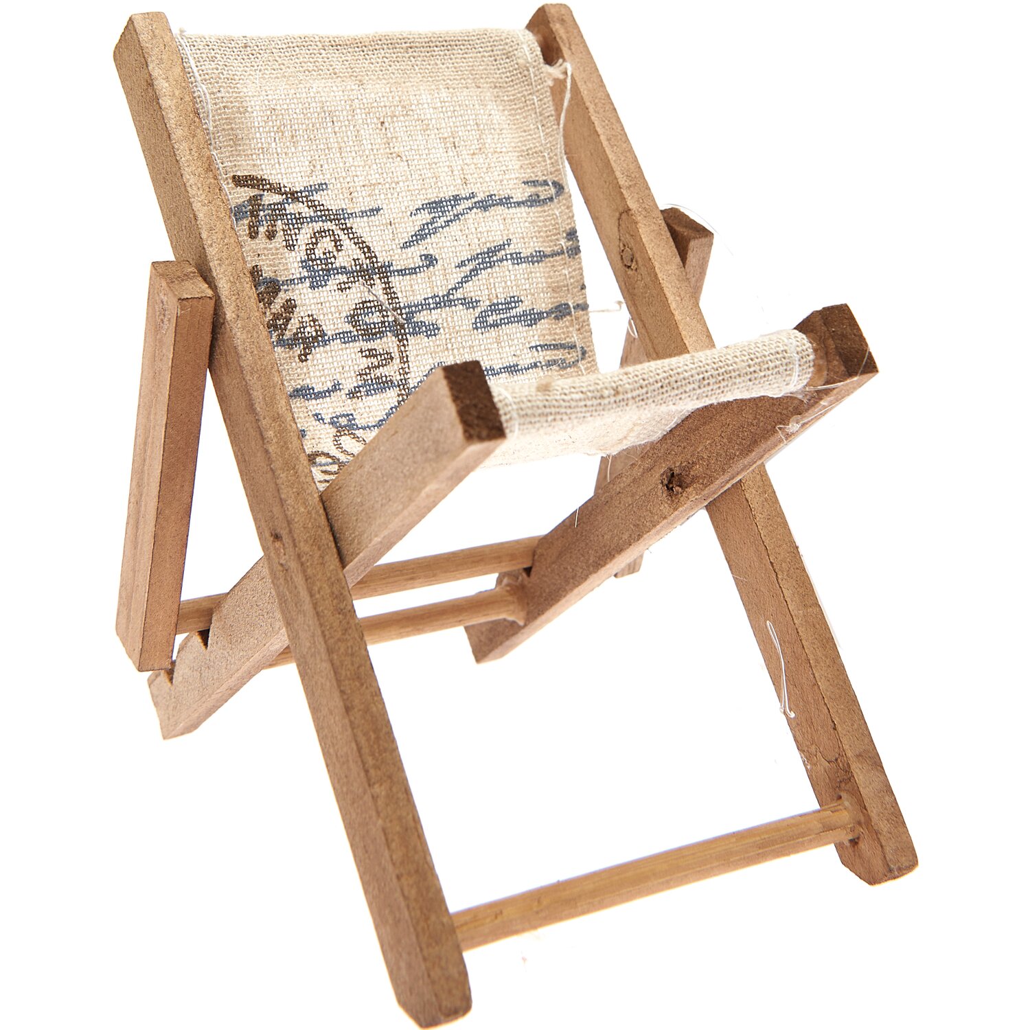 Deko-Liegestuhl natur 8x11cm: Kleiner Holzstuhl mit beigem Stoffbezug und floralem Muster. Ideal für Miniatur-Dekorationen.
