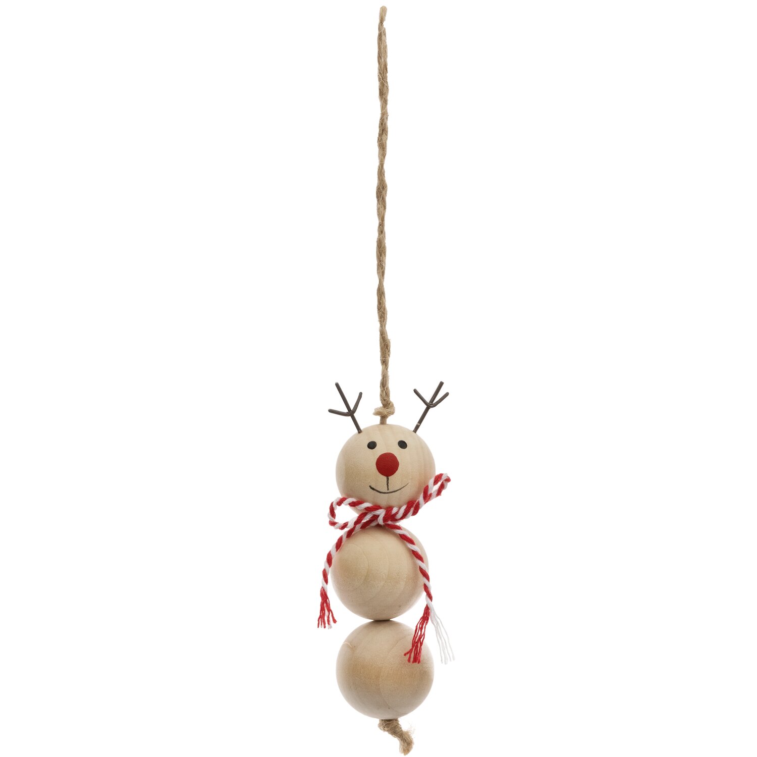 Hänger Rentier Holzkugeln 3x9cm: Niedlicher Rentier-Anhänger aus Holz mit rotem Schal, ideal für Weihnachtsdekorationen.
