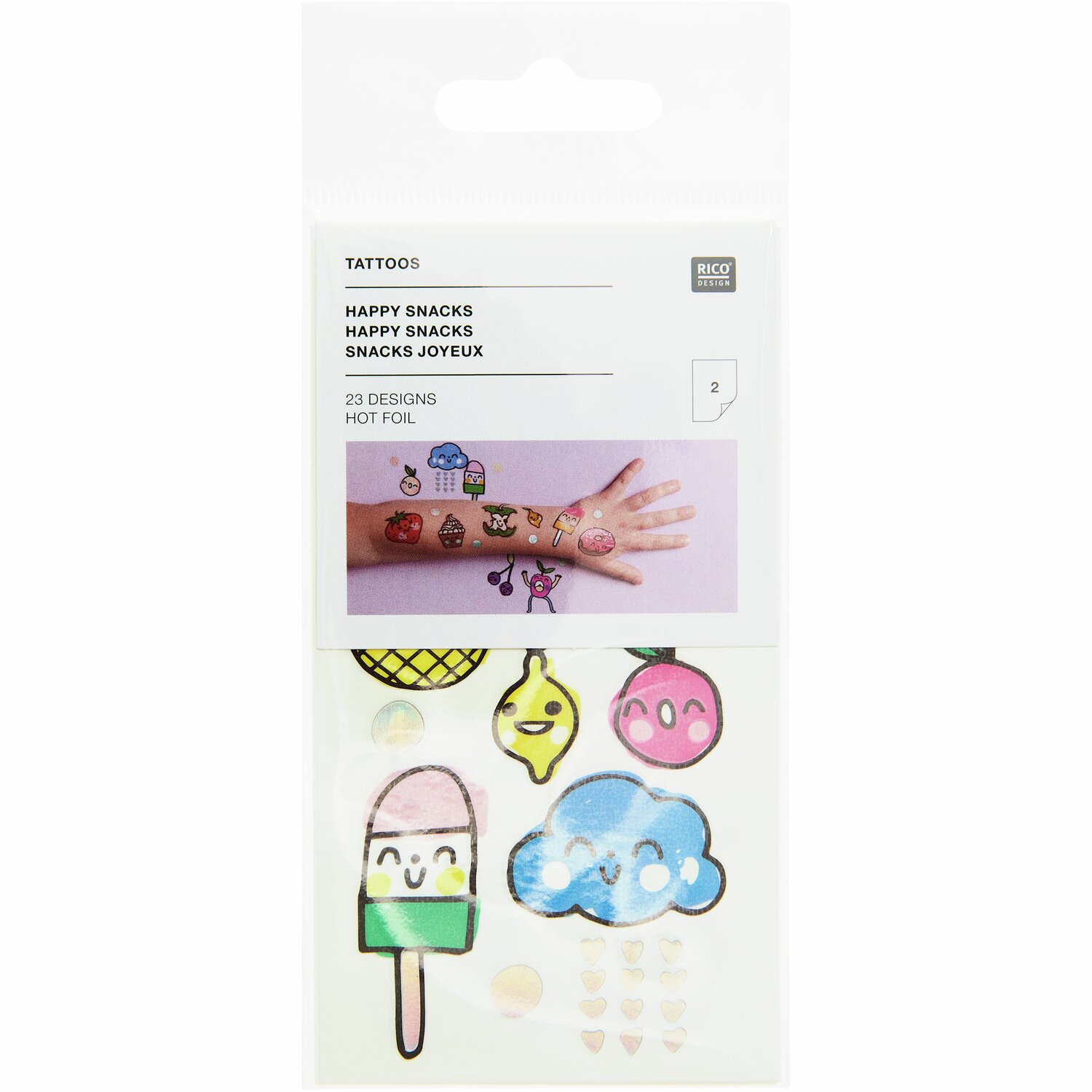 Tattoos Happy Snacks, 23-teilig: Bunte temporäre Tattoos von Rico Design mit fröhlichen Snack-Motiven. Ideal für Kinderpartys und kreative Spielzeiten.