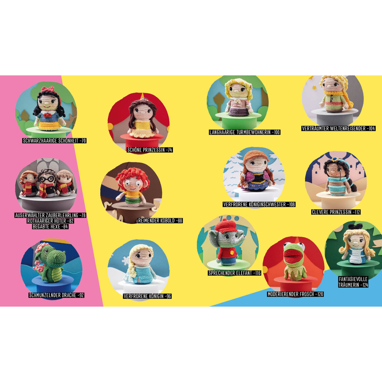 Helden der Kindheit - Die Minis: Bunte Figuren auf gelbem und blauem Hintergrund, EMF.