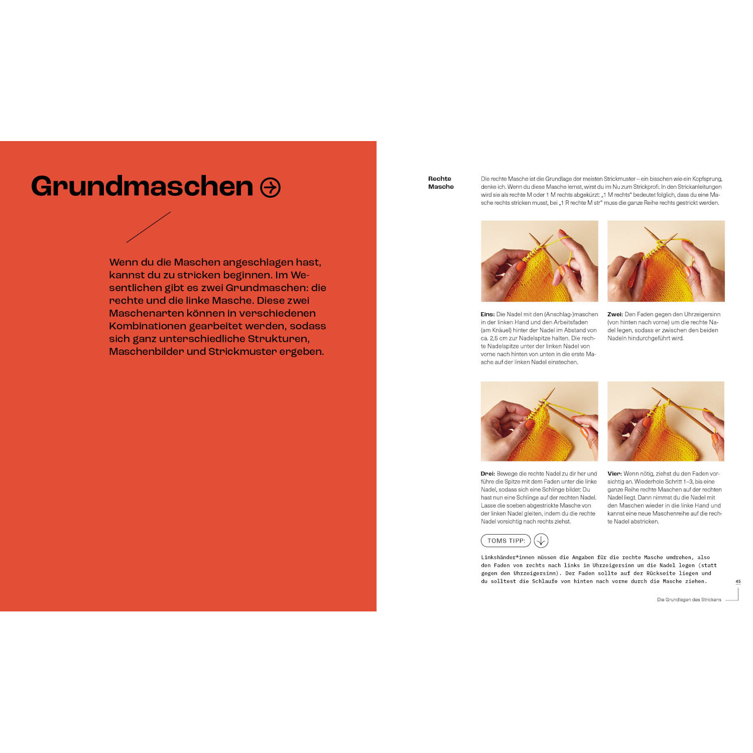 Tom Daley- Stricken with Love: Anleitung für Grundmaschen mit Bildern auf rotem Hintergrund.