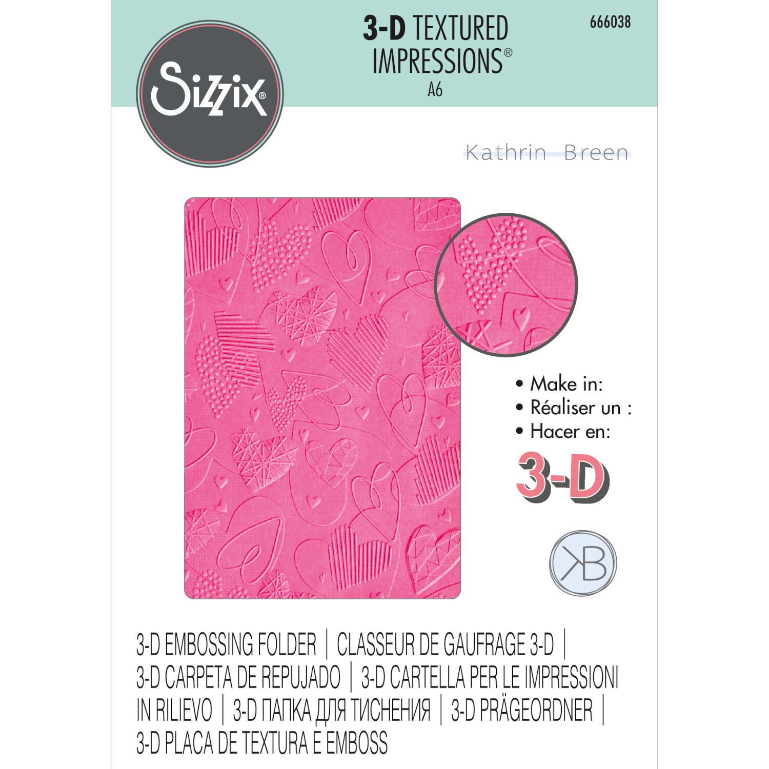3D-Embossing Folder Textured Impressions Mark Making Hearts, pink, von Sizzix, zeigt geprägte Herzmuster. Ideal für kreative Bastelprojekte.