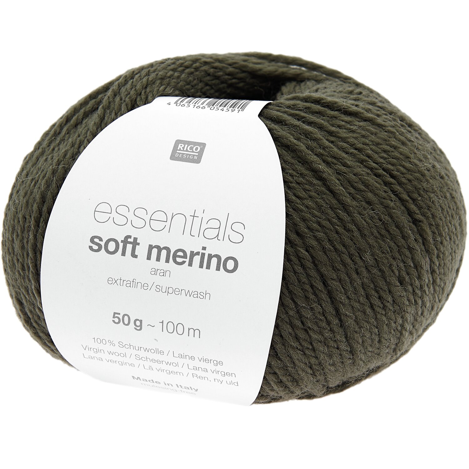 Essentials Soft Merino aran Wolle in Khaki von Rico Design, 50g Knäuel, ideal für Strickprojekte.