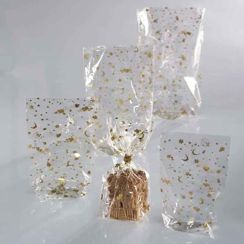 folia Zellglasbeutel mit Weihnachtsdruck gold 10 Stück