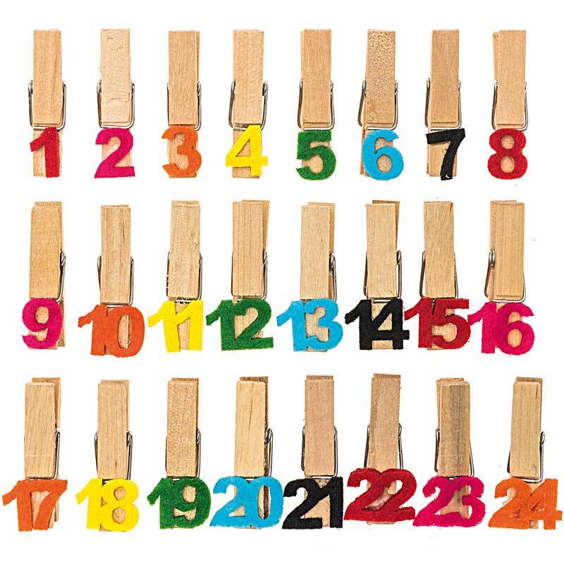 Adventskalender Zahlen an Klammern 1-24 bunt